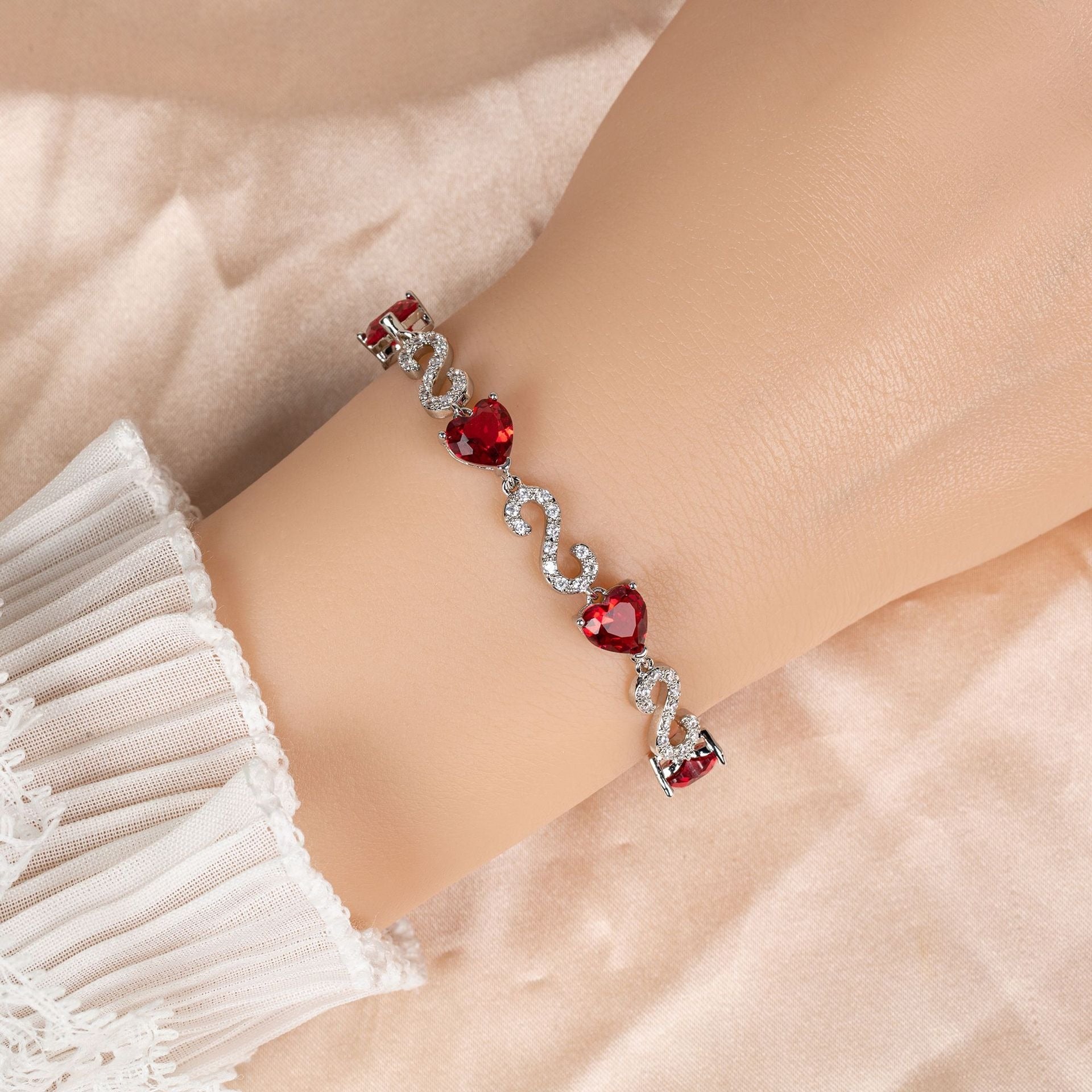 S925 Silver Number-Spliced Heart & Cubic Zirconia Bracelet