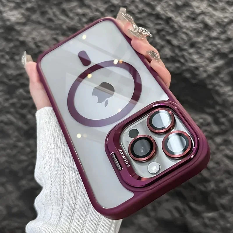 Luxury Magnetic Shockproof Phone Case For iPhone 16 17 15 14 13 12 11 Pro Max Funda For Magsafe Stand Glass Lens Protector Cover