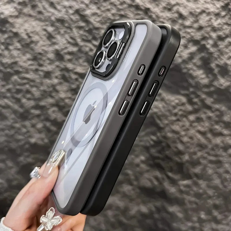Luxury Magnetic Shockproof Phone Case For iPhone 16 17 15 14 13 12 11 Pro Max Funda For Magsafe Stand Glass Lens Protector Cover