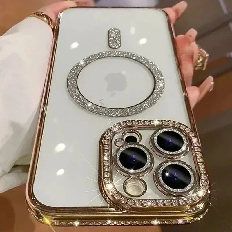 Fashion Girl Pink Crystal Glitter Transparent Magnetic Case For iPhone 16 15 11 12 13 14 Pro Max Wireless Charging Diamond Cover