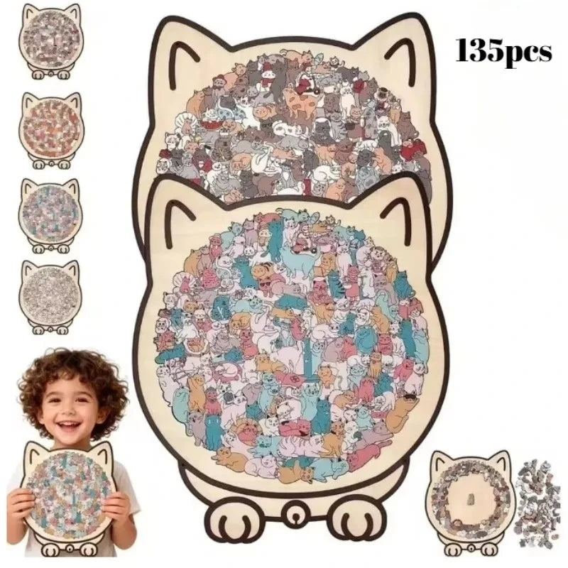 135 PC Cat-shaped Wooden Jigsaw Puzzle Unique Irregular Puzzle Pieces Game Birthday Xmas Gifts for Cat Lovers Home Decorations ﻿