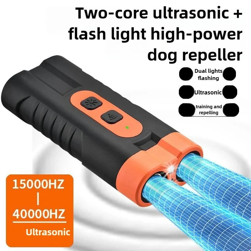 2025 Dual Head Ultrasonic Dog Repeller Anti Bark USB Rechargeable High-Power Dog Training Device with LED Flashlight