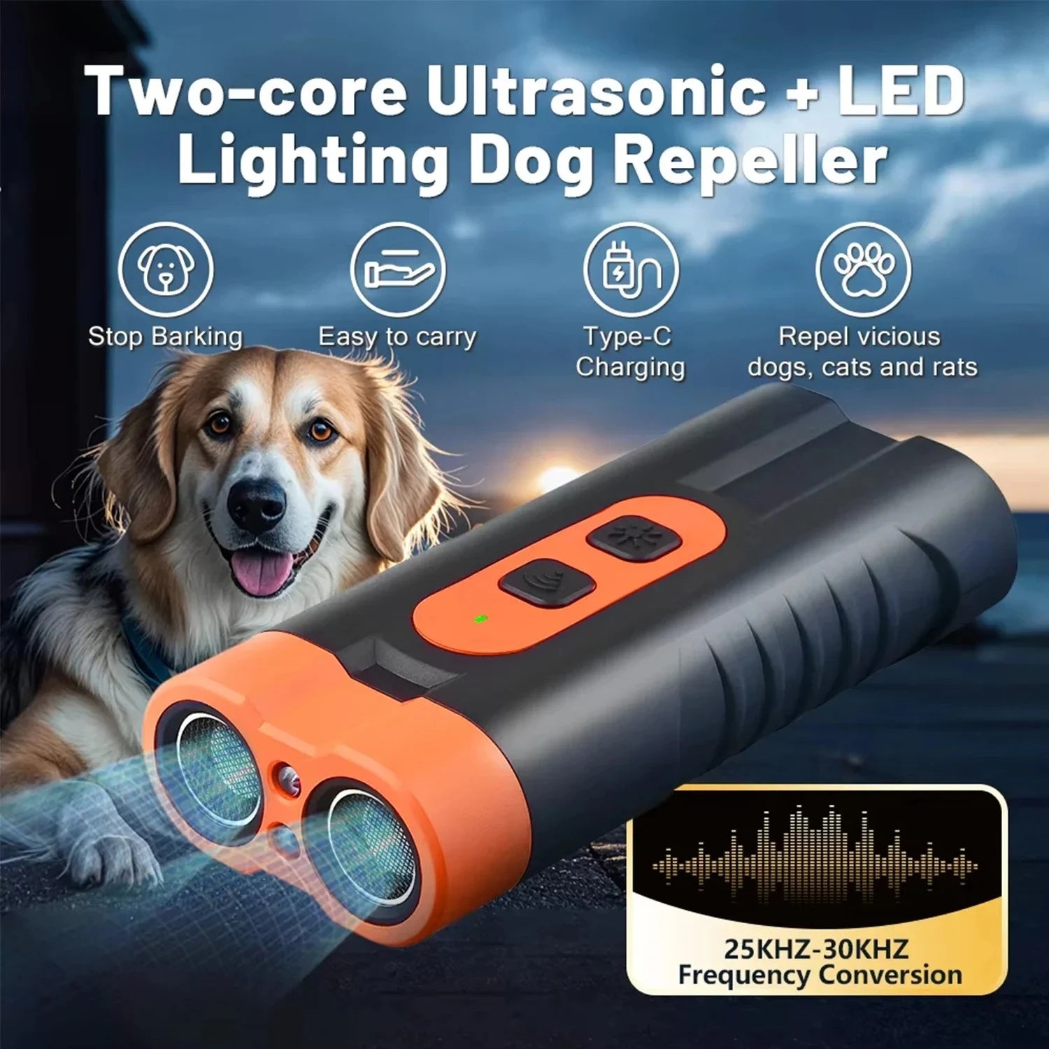 2025 Dual Head Ultrasonic Dog Repeller Anti Bark USB Rechargeable High-Power Dog Training Device with LED Flashlight