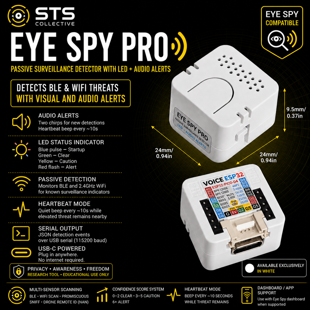 Eye Spy Pro Passive Surveillance Detector with LED + Audio Alerts BLE, WiFi, ALPR, AirTag & Camera Awareness Tool